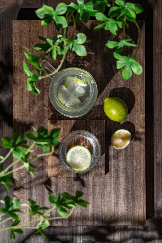 一个木制桌子 上面放着一个托盘 托盘上放着水、一盆小植物、一些柠檬和一杯水。