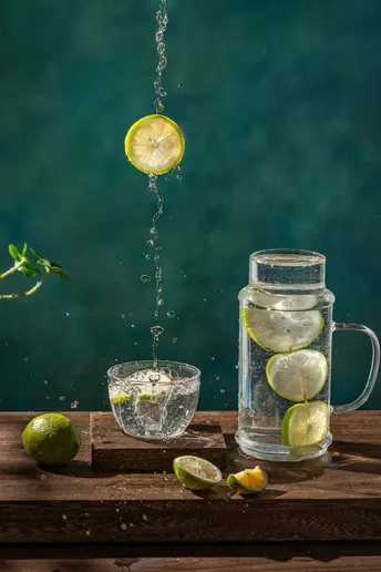 一杯带有冰块的水 里面有柠檬和 lime 切片 放在桌子上