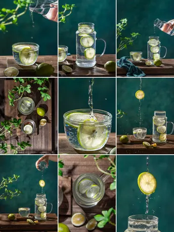 各种植物、柠檬和饮水杯、饮料的拼贴画