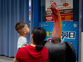 一位妇女和一个小男孩正在街上看着一只火鸡的雕像。