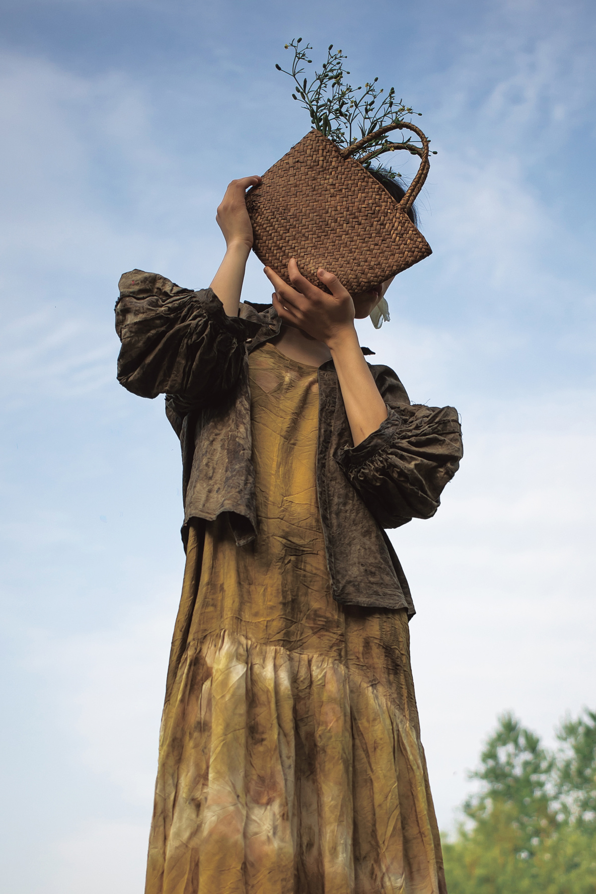 一个人的雕像 脸上戴着一株植物 头顶着一个篮子