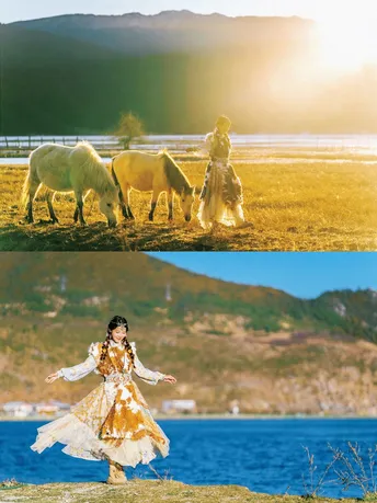 一位穿着连衣裙的女士站在一个田野里 周围有马在吃草 旁边有一个湖。