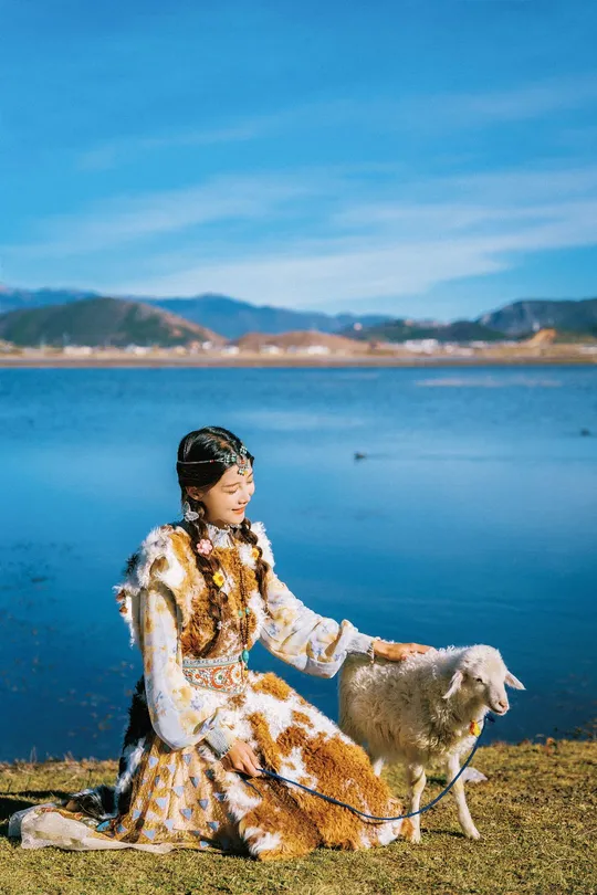 一个穿着裙子的年轻女孩坐在草地上 前面有狗和羊 在水边。