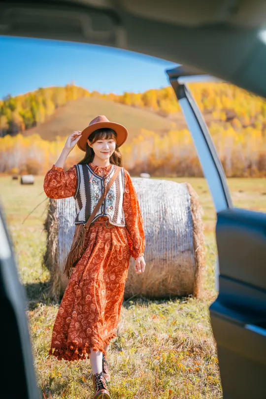 一位穿着裙子和帽子走向麦田中一辆汽车的女人