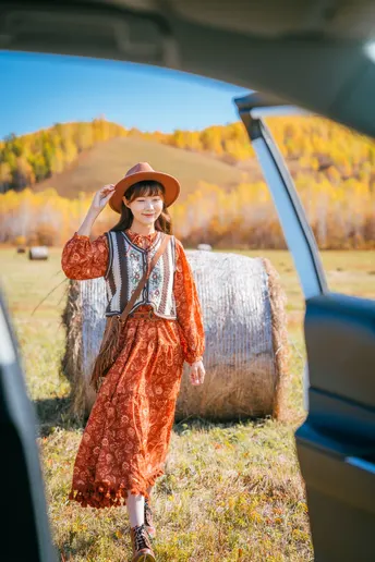 一位穿着裙子和帽子走向麦田中一辆汽车的女人