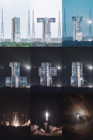 一系列夜晚的城市图片 包括高塔和火箭发射。