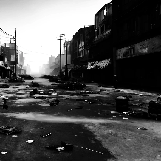 一条街道上有碎屑和建筑物