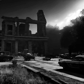 黑白汽车停在老建筑前