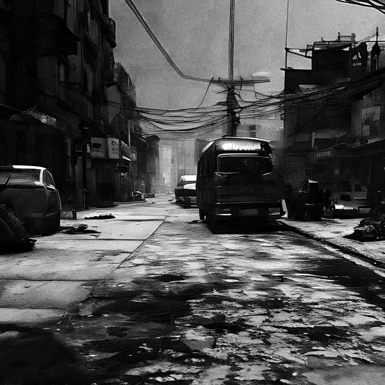 一条黑白相间的街道 停着汽车和一辆公共汽车在巷子里。