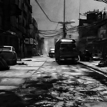 一条黑白相间的街道 停着汽车和一辆公共汽车在巷子里。