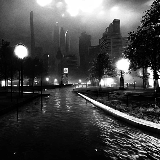 夜晚街灯照亮了湿漉漉的街道