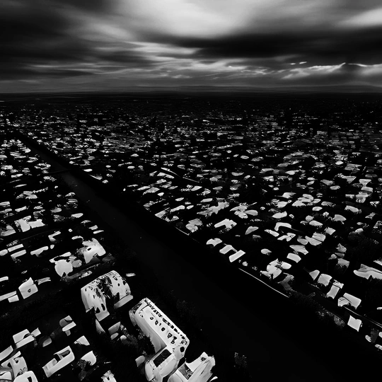 城市黑白照片 有房屋和天空中的云朵。