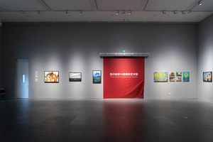 中间有一面红墙的艺术画廊的照片