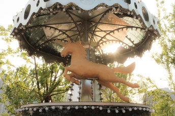 一只狗和一匹马在伞下的喷泉