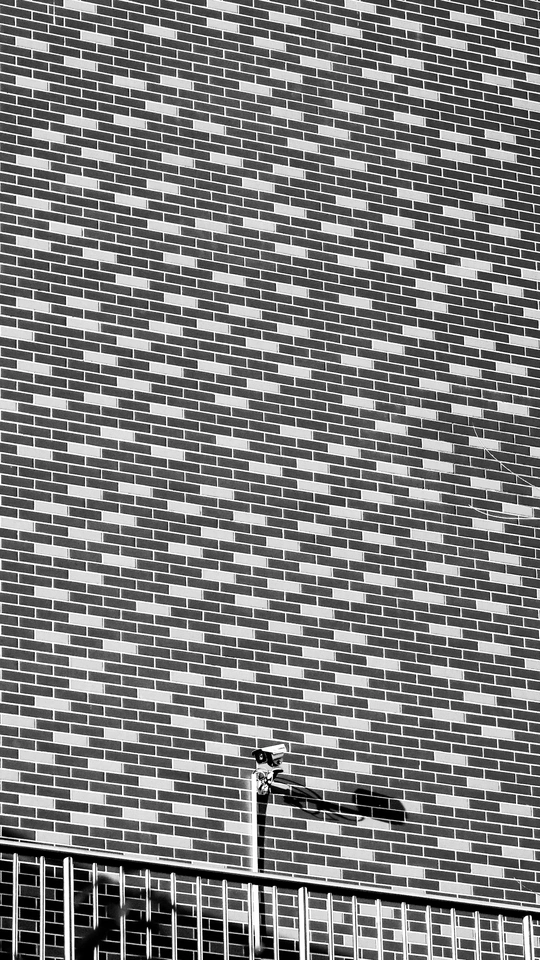 一个站在自行车旁边 靠在砖墙上的黑白照片中的男子。