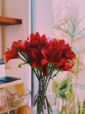 一个装满红花的透明花瓶 放在一个靠近窗户的柜台上。