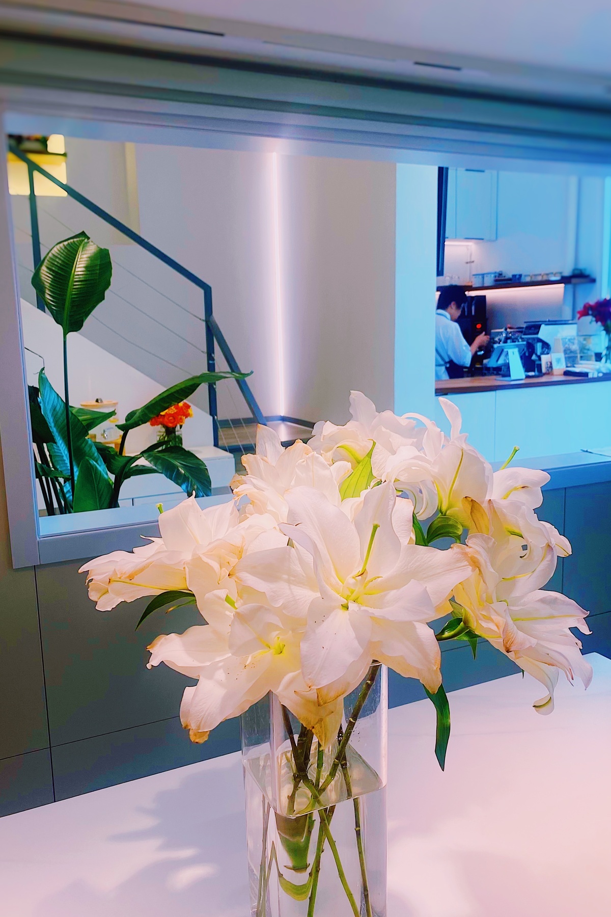 一个装满白色花朵的清晰花瓶 放在柜台上。