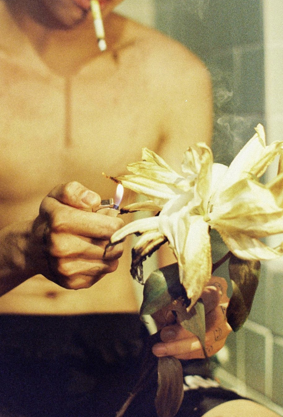 一位年轻人抽烟 手里拿着一朵白花。
