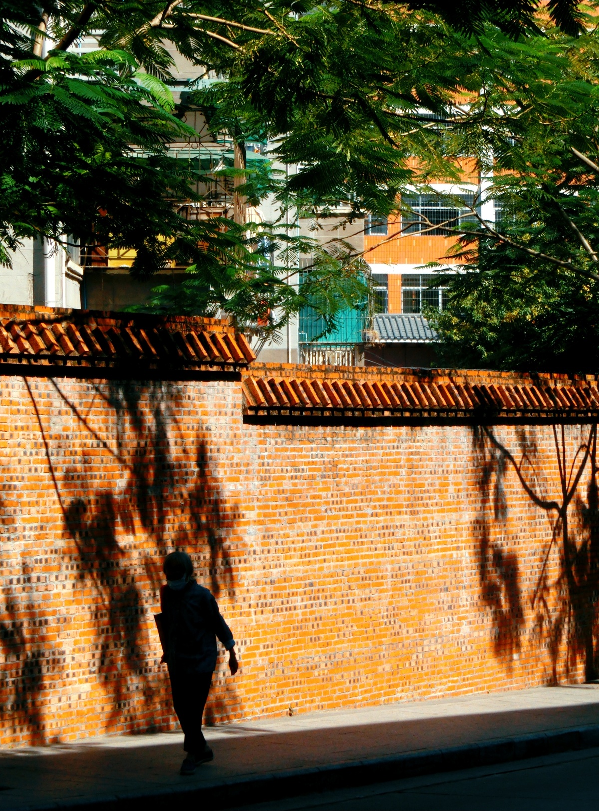 一个人在人行道上 前方有一堵砖墙 墙上有一个人行走的影子。