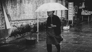 一位老妇人打着伞在雨中走街