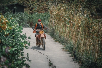 一个人骑着自行车在小路上行驶 其他人骑着摩托车在路边行驶