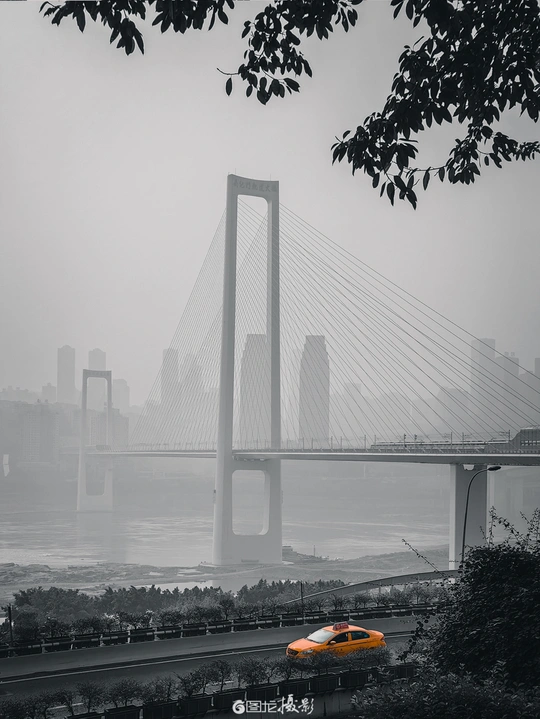 雾中行驶在河上的橙色汽车