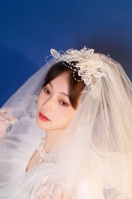 一位美丽的女士穿着白色婚纱和头纱的肖像