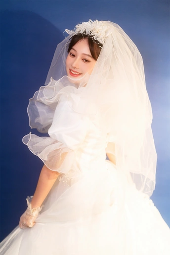 一位穿着白色婚纱和头纱的女士