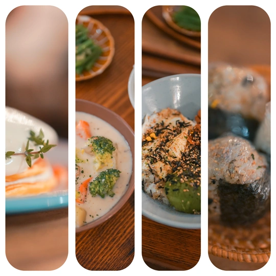 包括一碗汤和一盘蔬菜的各种菜肴的图片