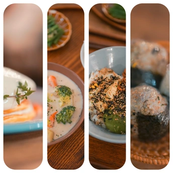 包括一碗汤和一盘蔬菜的各种菜肴的图片