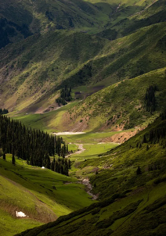 山脉中的一个绿色山谷