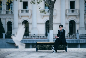 一个坐在公园长椅上的男子正在看手机 鸽子在白色建筑前飞翔。