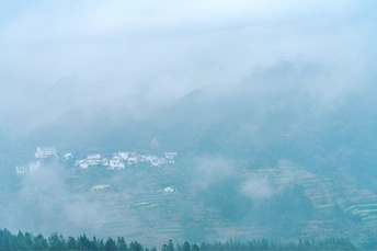 背景有山丘和云朵 空中漂浮着云朵 水中有一艘船 田地上一头牛站立着。