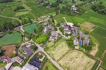 一个小村庄被绿色的田野和农田环绕的 aerial photo