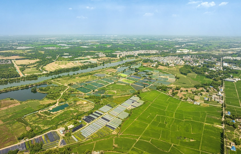 俯瞰一块绿油油的田野 上面覆盖着太阳能板 俯视一座大城市