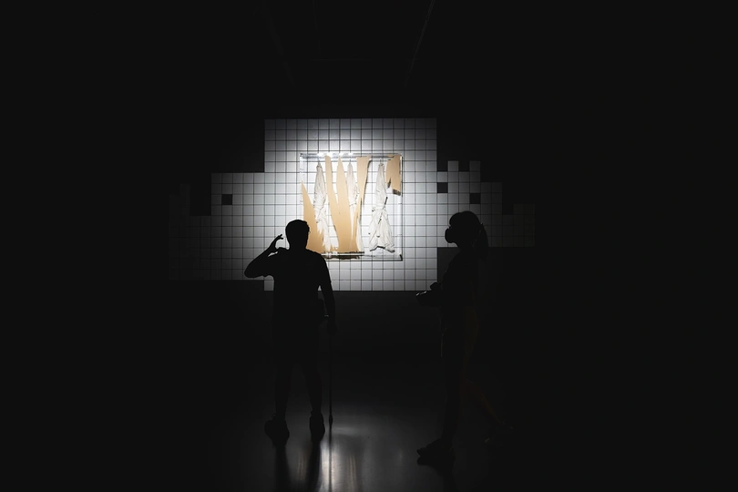 一个男子和一个女子站在一个黑暗的房间里 墙上投影着艺术作品。男子在墙上投下了一个影子。