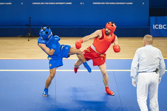 踢拳击比赛在场上进行 男性在比赛。