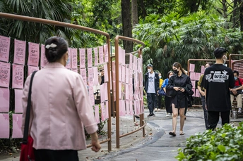 一位女子走在靠近粉红色墙壁的人行道上