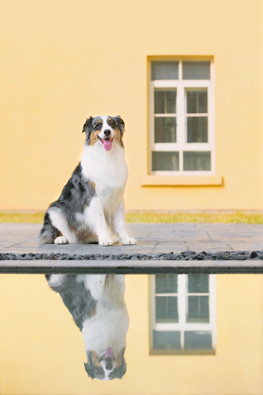 狗坐在黄色房子前面 它的倒影在水坑里反射。