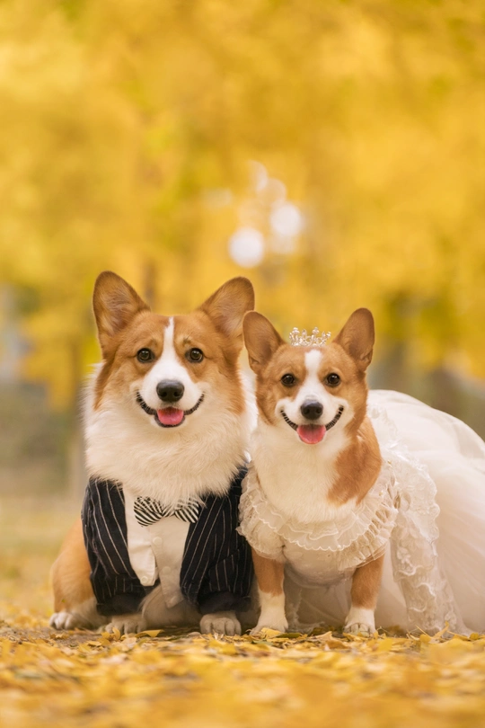 一对穿婚礼礼服的狗