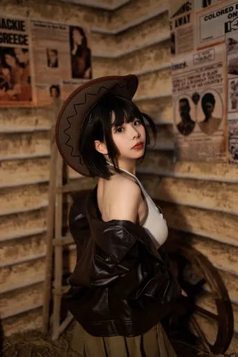 一位穿着黑白连衣裙和帽子的人在摆姿势