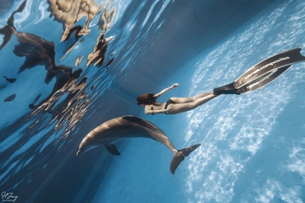 一位女士与海豚一起在海洋中游泳