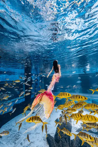 一位穿着美丽裙子的年轻女子在海底与大鱼一起游泳 海里游着大鱼。