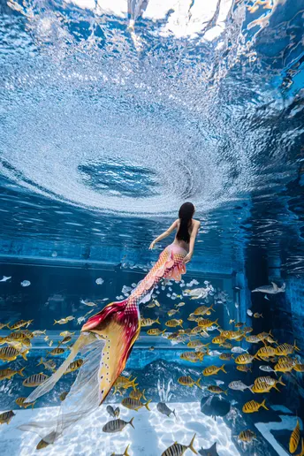 一位穿着连衣裙的女人在一个大水族馆里游泳 水族馆里有游动的鱼。