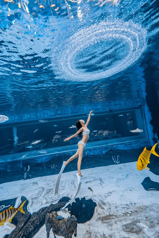 一个在水族馆里游泳的女人 水中的鱼在游泳。