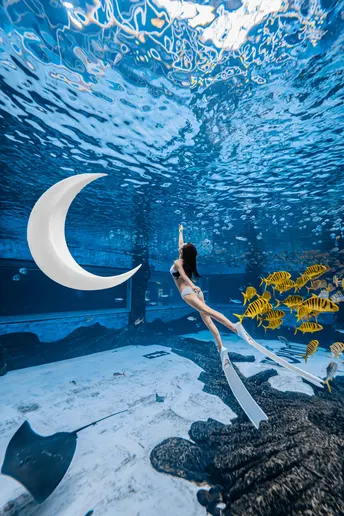 一个年轻女子在鲨鱼、鱼和半月的巨大水族馆中潜泳