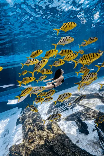 一位年轻女子正在注视着一群在大型水族馆中游动的黄色鱼。