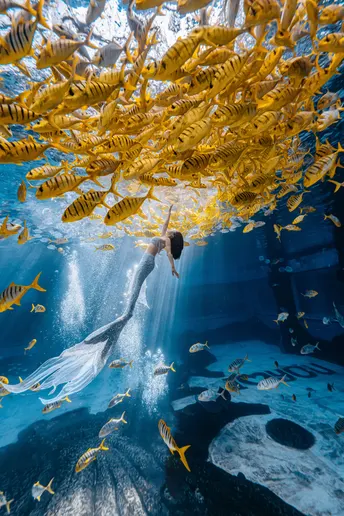 一位穿着连衣裙的女人游过一个大水族馆 里面有游动的鱼群。
