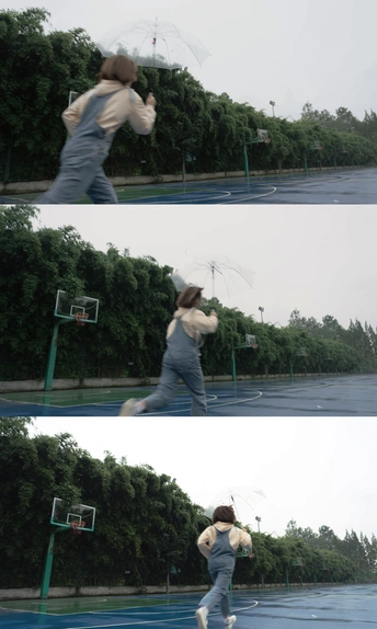 雨中打篮球的男人和跳绳上的女人持伞