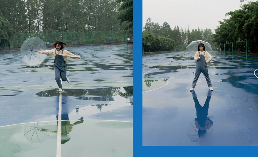 一张女人在冰封水中央持伞的照片